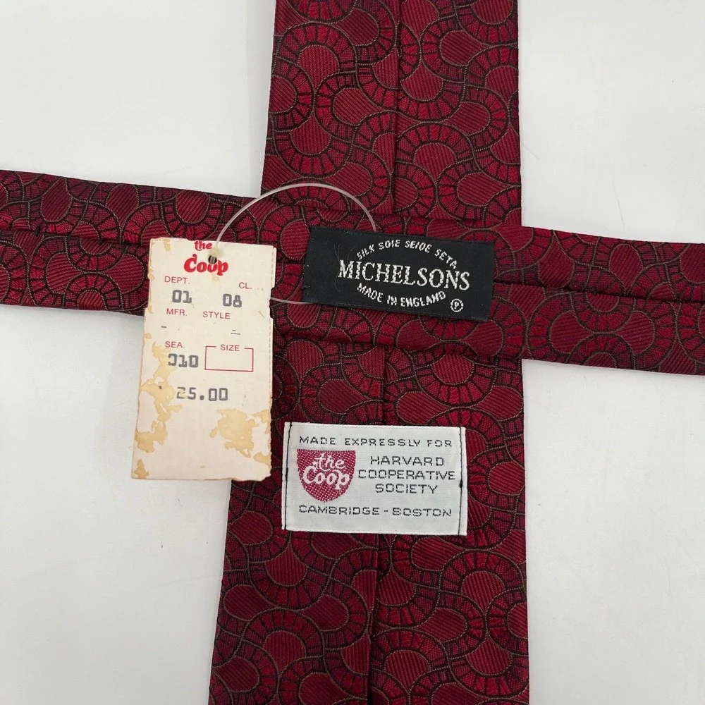 Vtg 80s Michelsons Harvard Coop Tie Mens Red Silk England Geometric Necktie